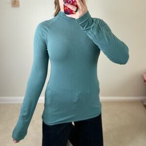 Anthropologie Turquoise Fitted Ribbed Mock Neck Long Sleeve Tee